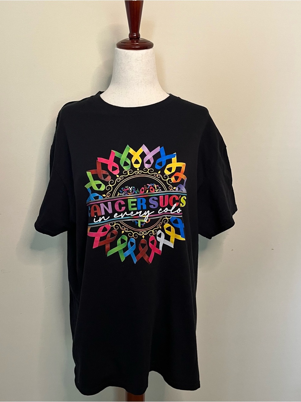 Gildan Black Tee with Cancer Sucks & Multicolor Awareness Ribbon Circle